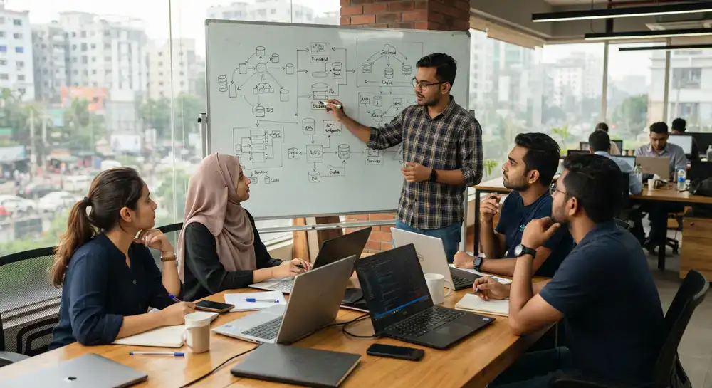 BengalTech software engineering team discussing a web architecture project in Dhaka office