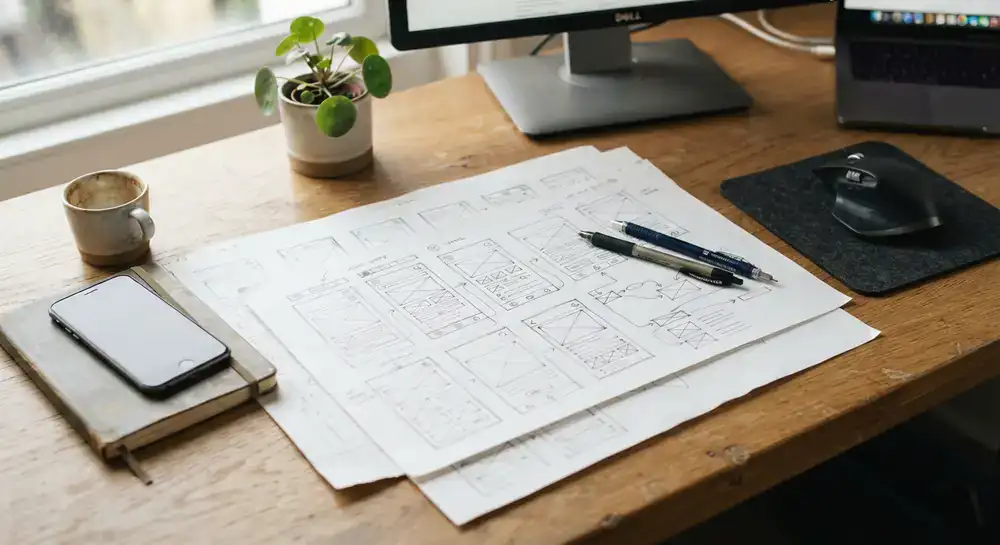 UX wireframe sketches on a desk
